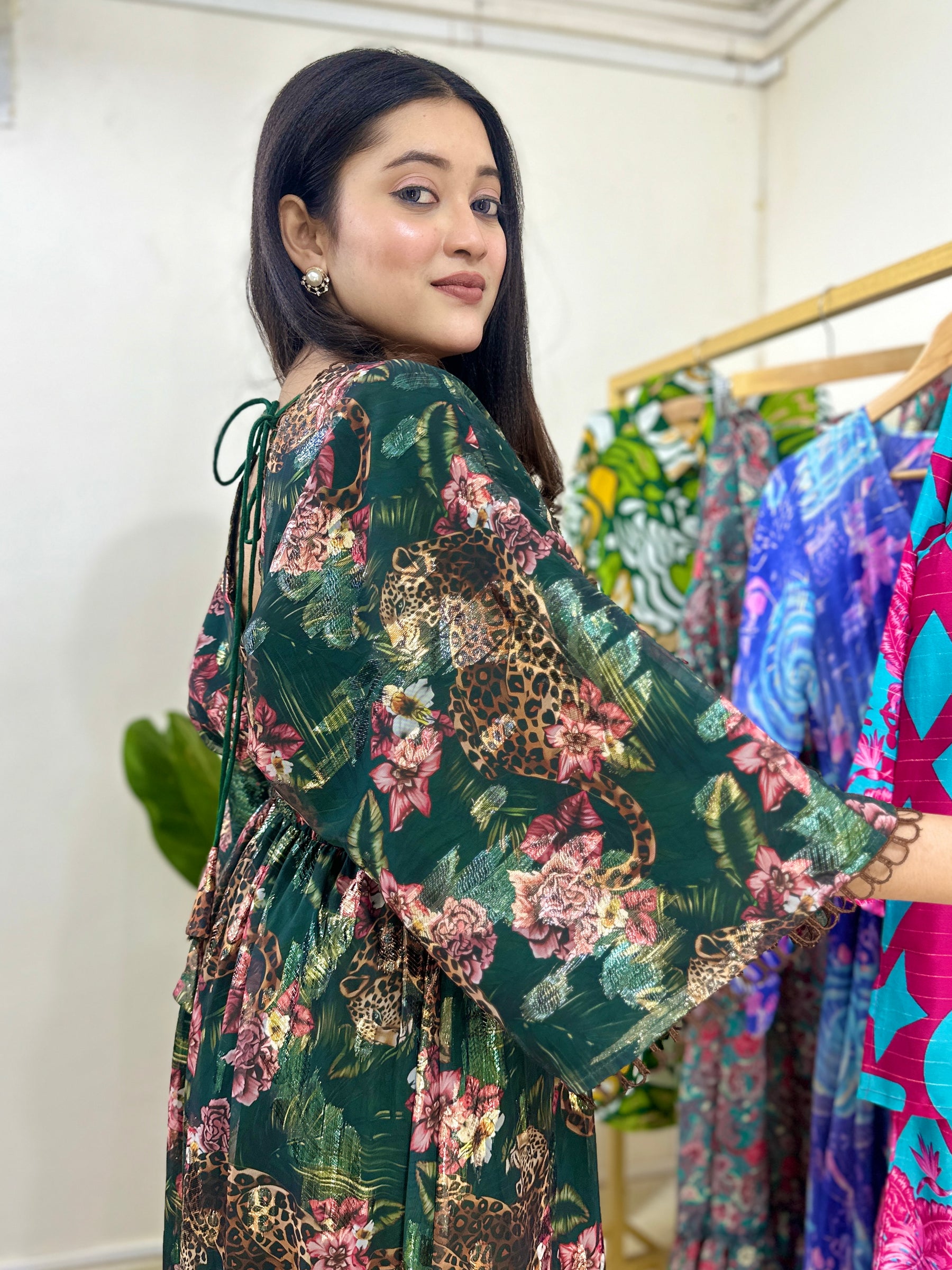 Green Tiger Printed Jacquard Fabric Maxi Dress