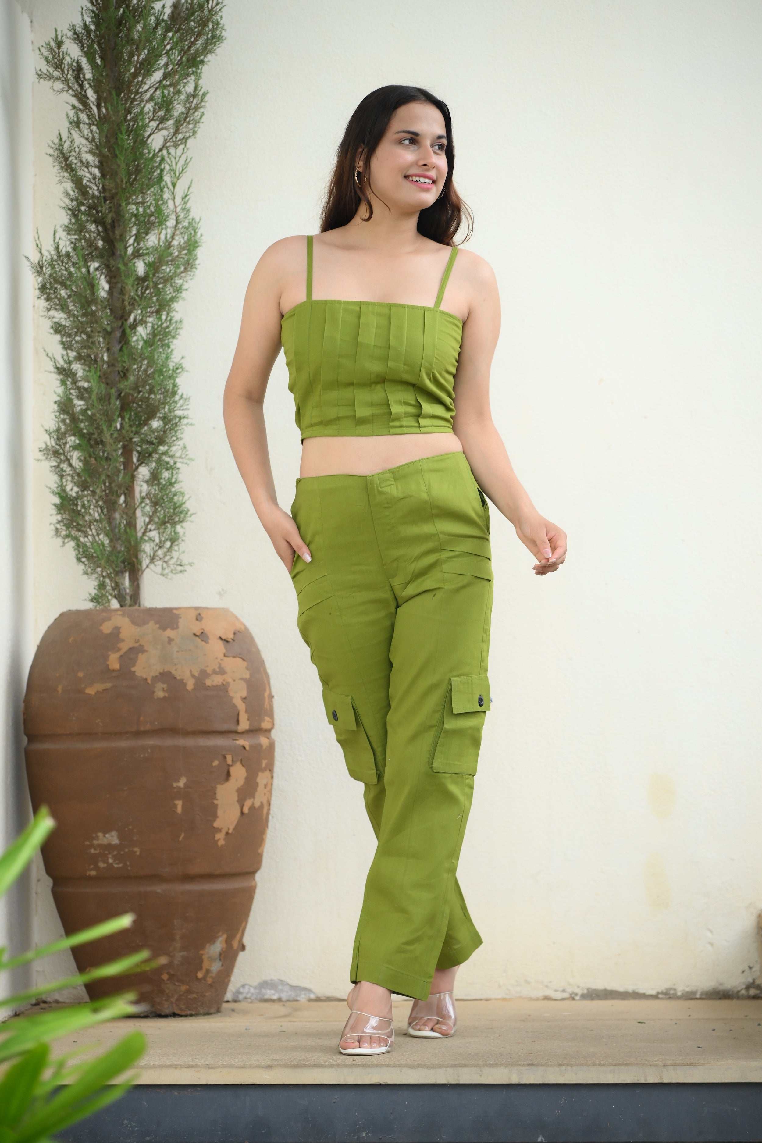Olive Green Crop Top and Cargo Pant Coord Set