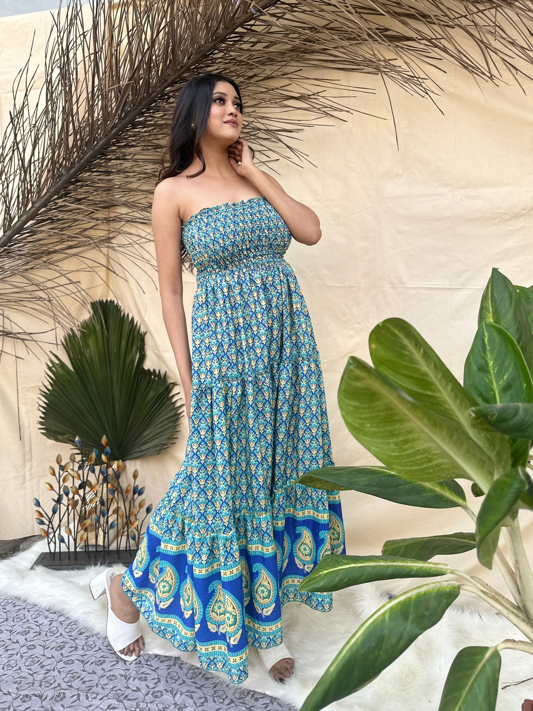 Blue Shoulder Less Boho Maxi Dress