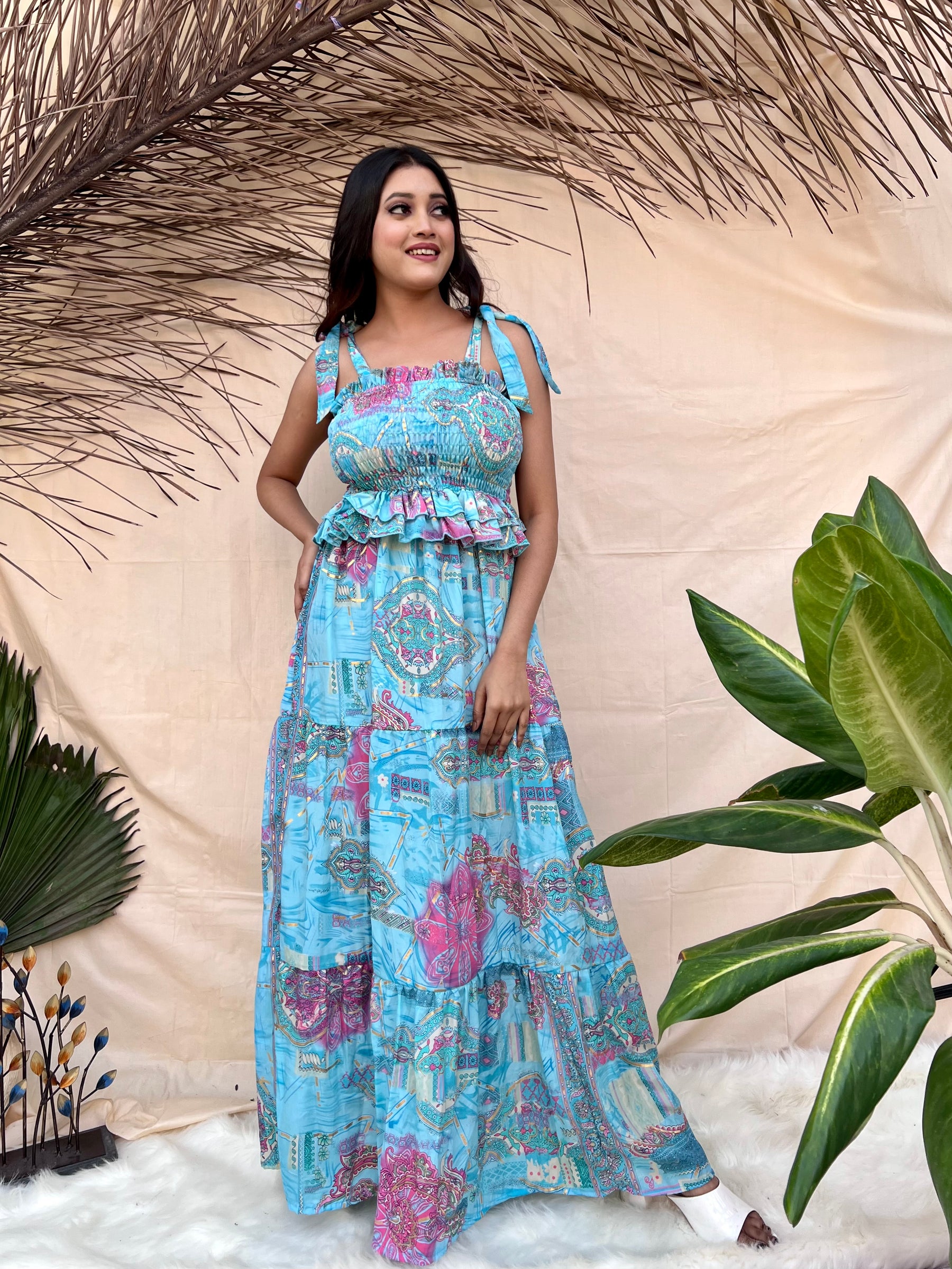 Blue Tie-Strap Boho Maxi Dress