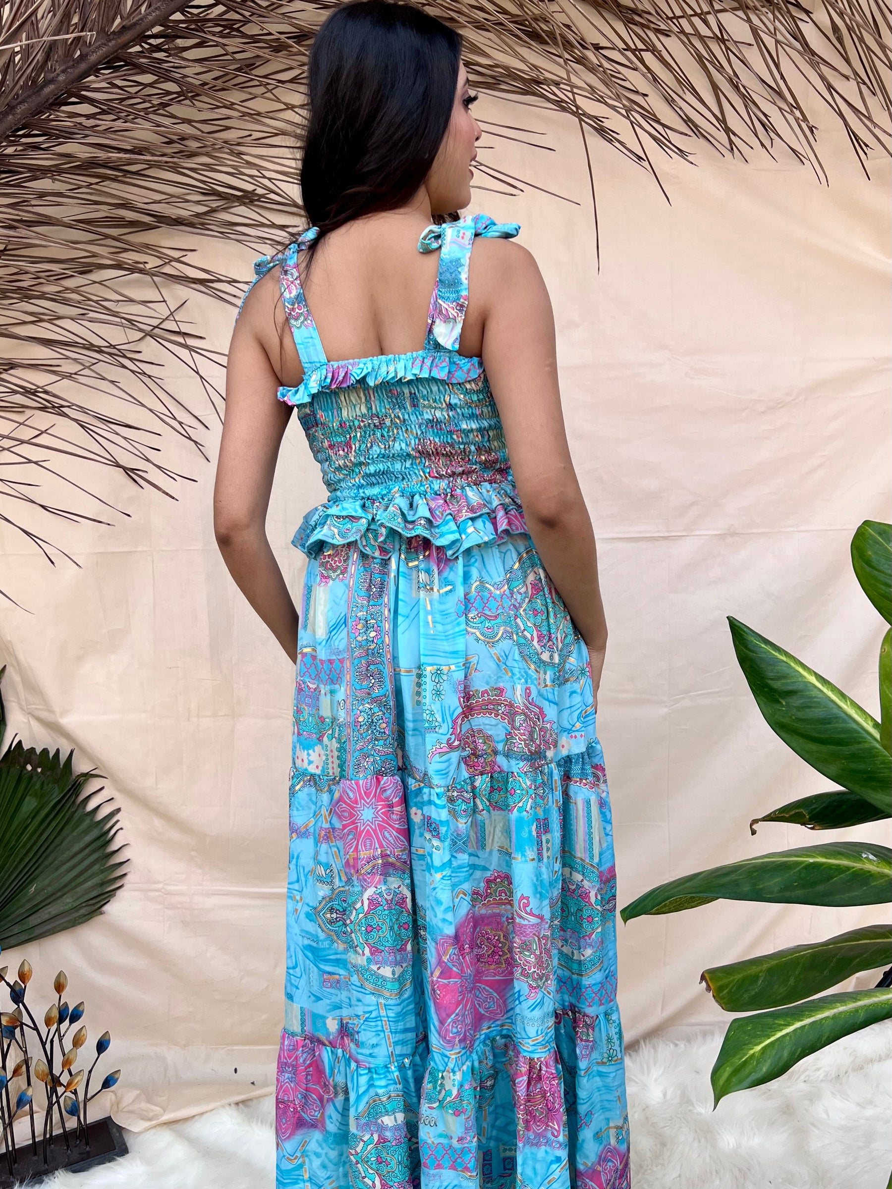 Blue Tie-Strap Boho Maxi Dress