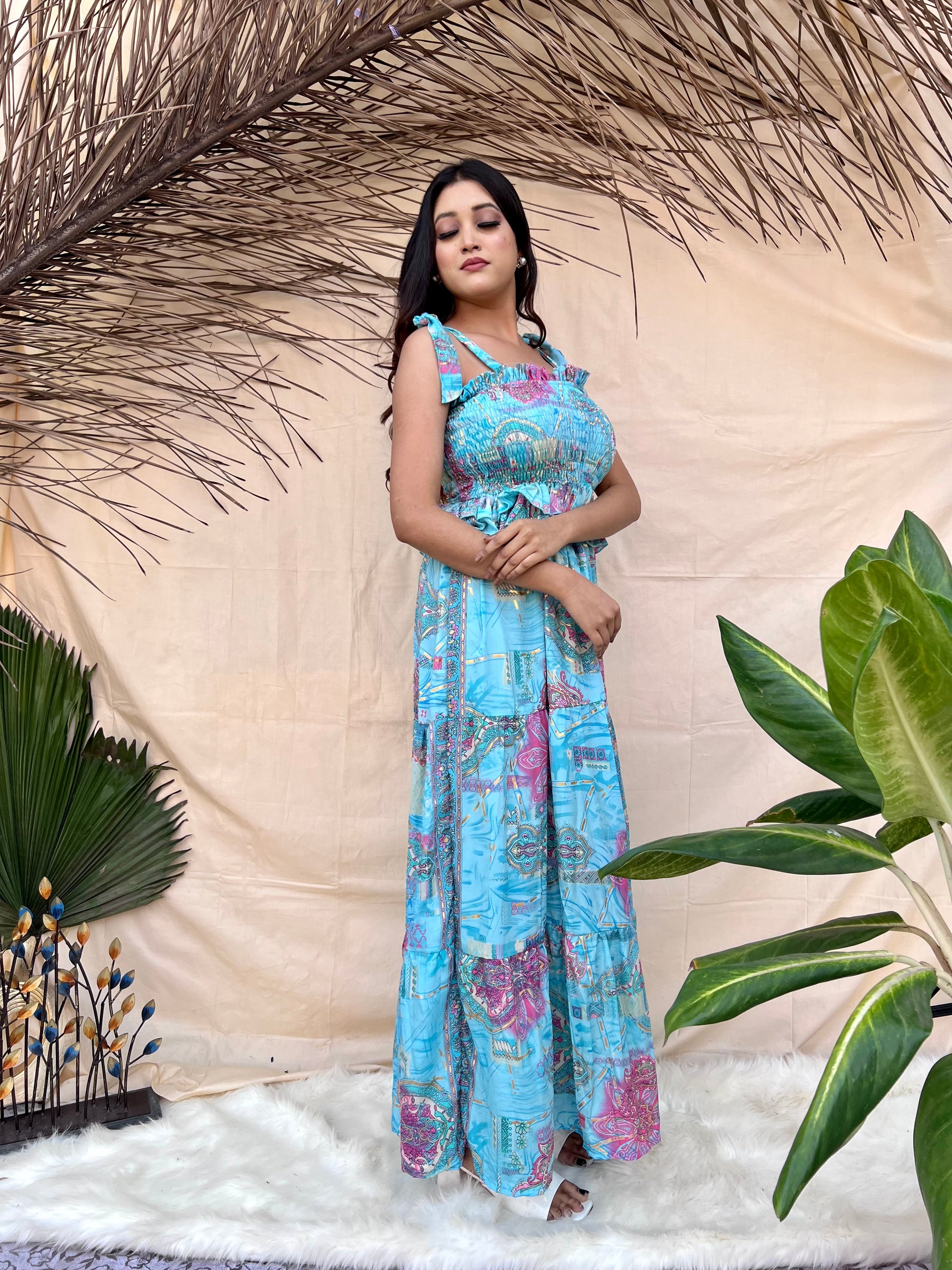 Blue Tie-Strap Boho Maxi Dress
