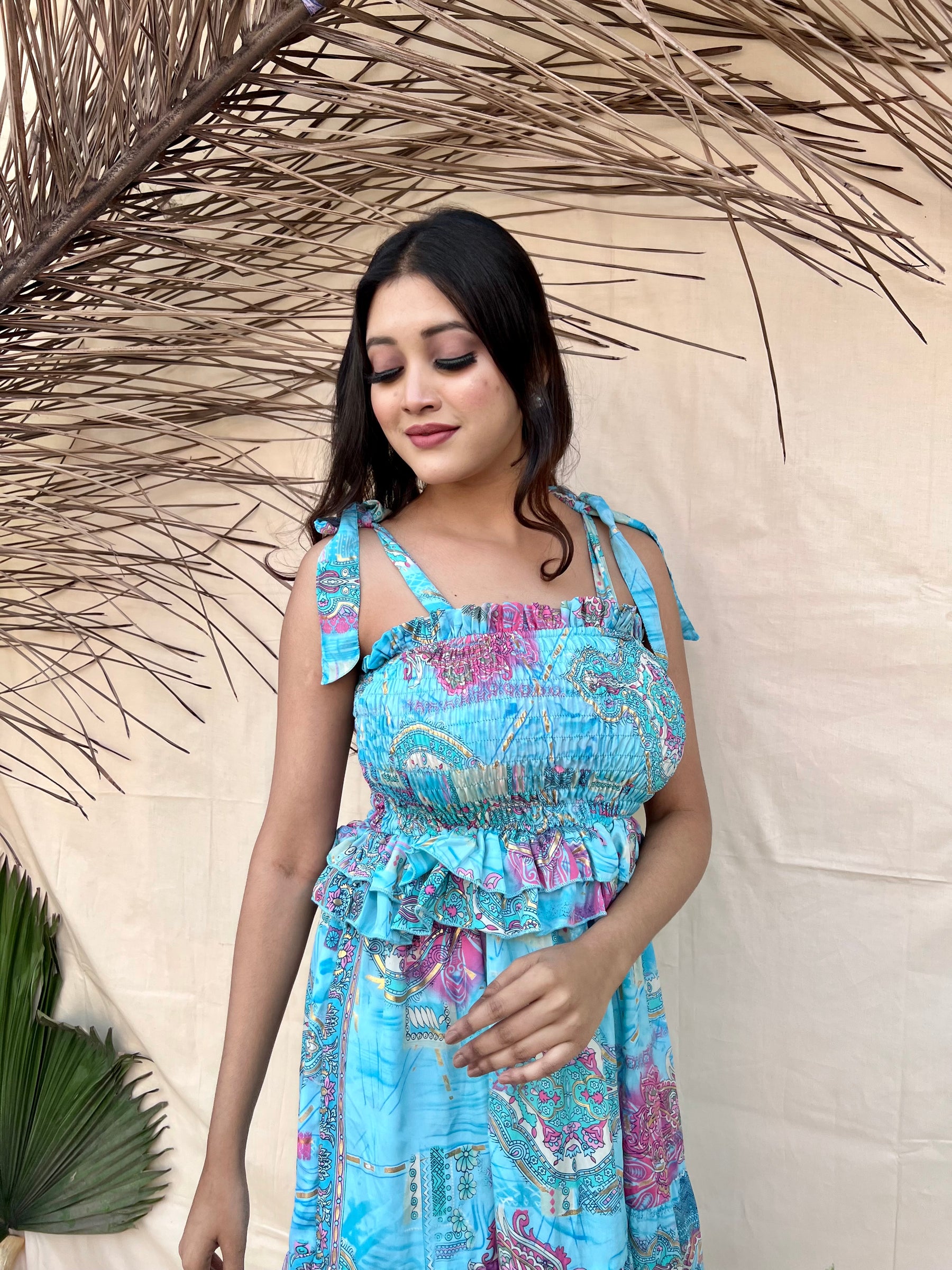 Blue Tie-Strap Boho Maxi Dress