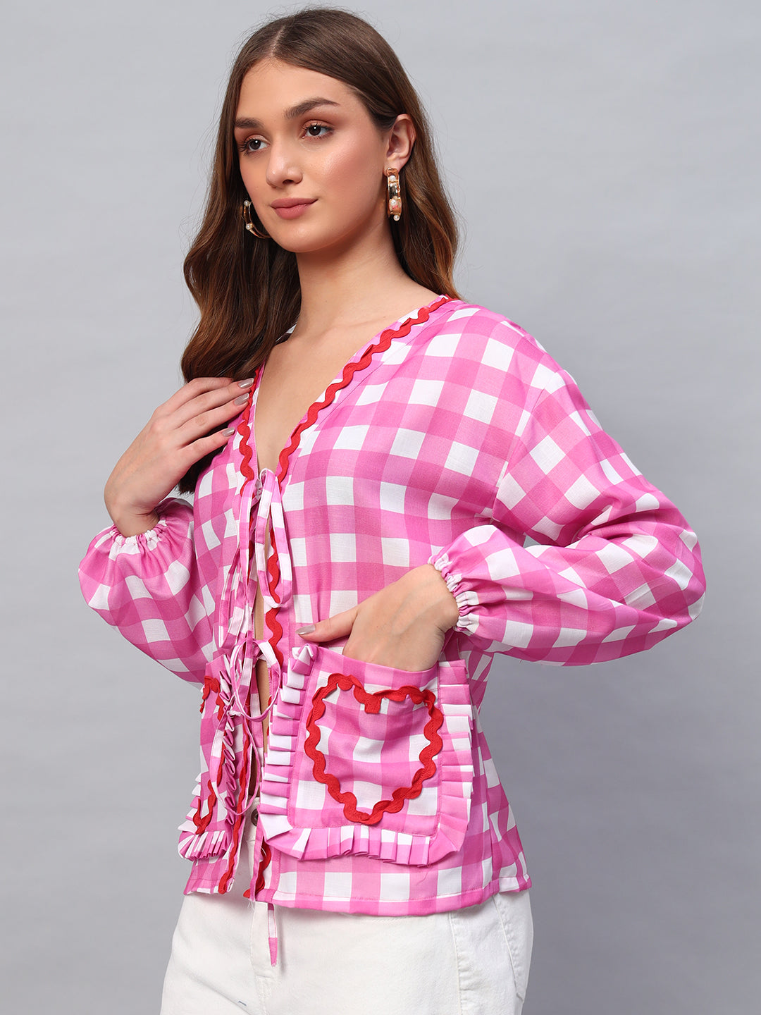 Pink Linen Ruffle Placket Blouse