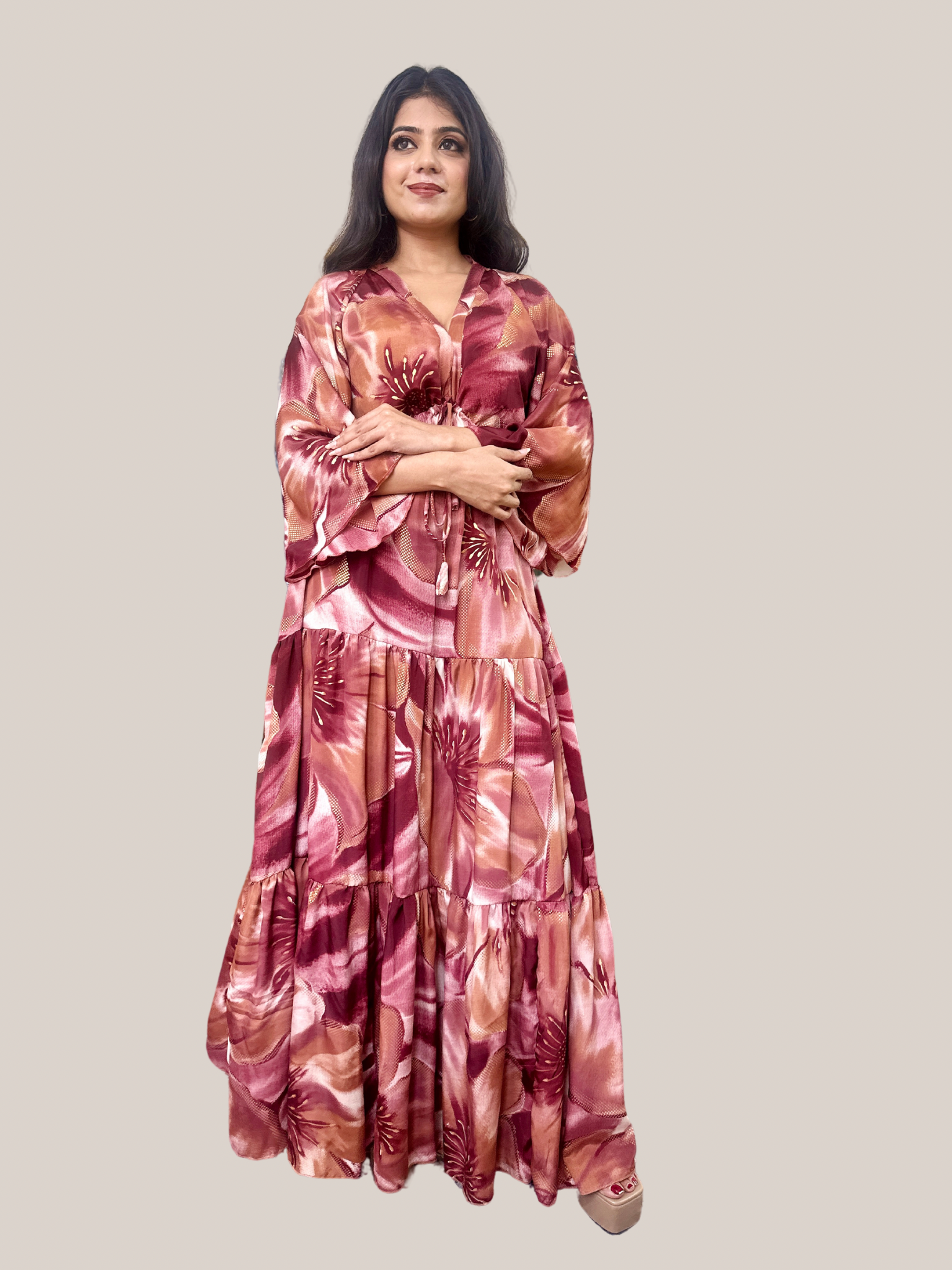 Pink Floral Printed Long Dress