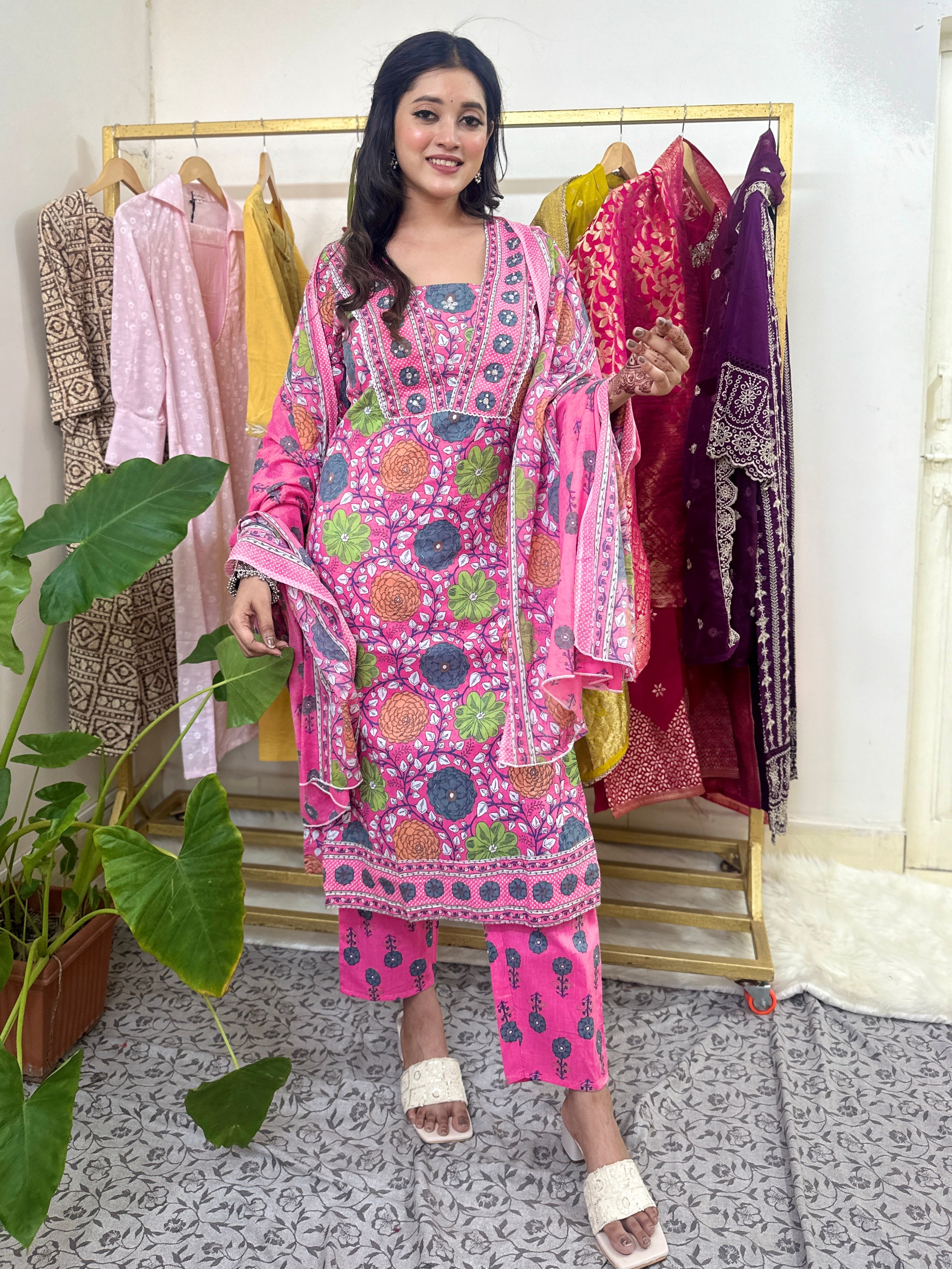 Pink Rayon Floral Print High-Low C-Cut Kurta with Dhoti Pant Set