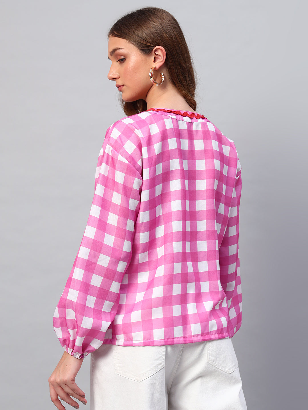Pink Linen Ruffle Placket Blouse