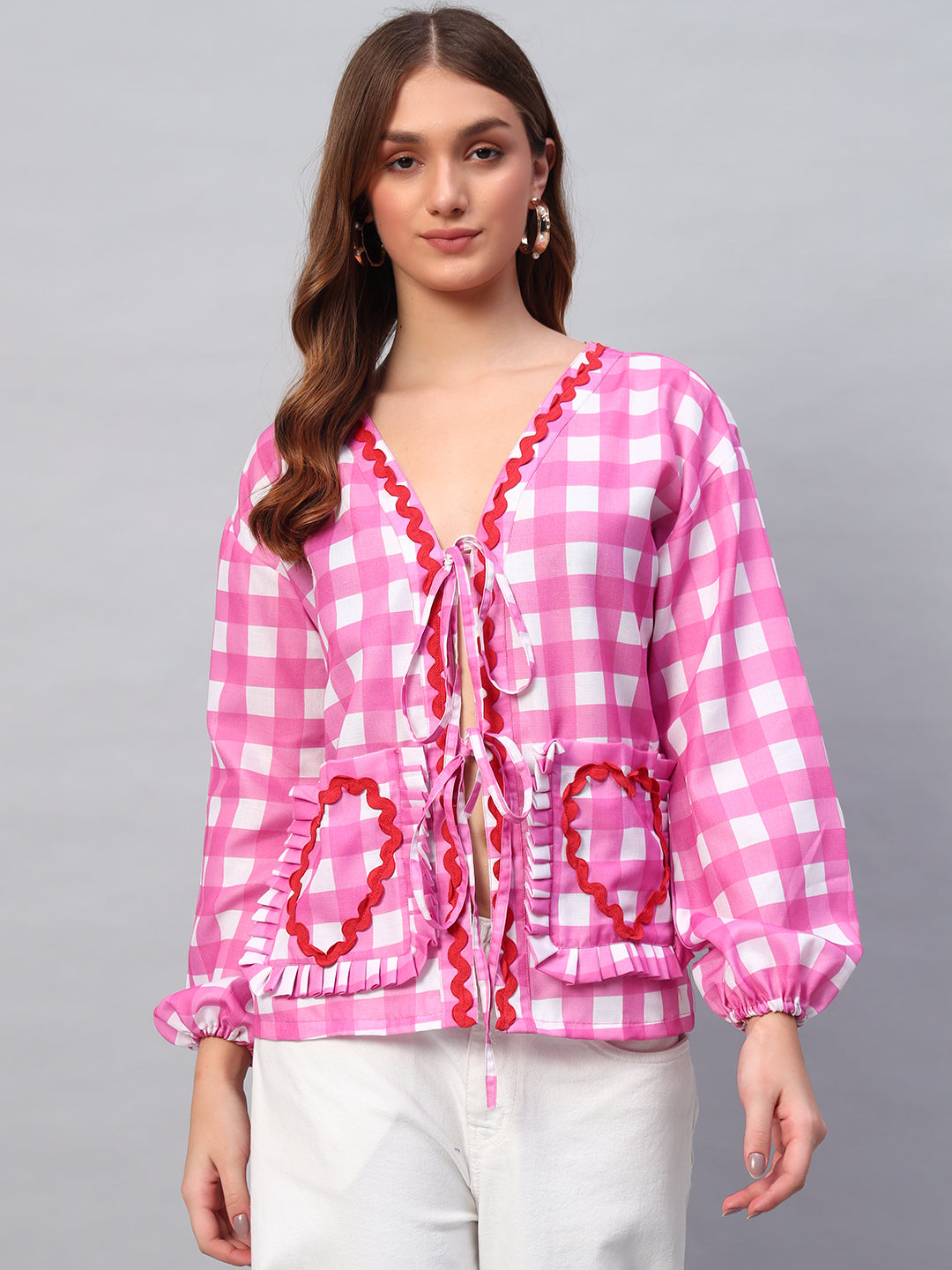 Pink Linen Ruffle Placket Blouse