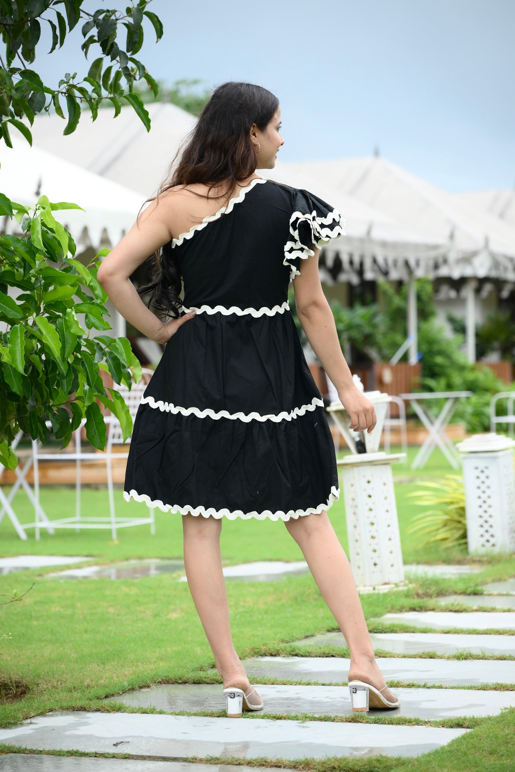 Black One Shoulder Ric Rac Ruffle Dress