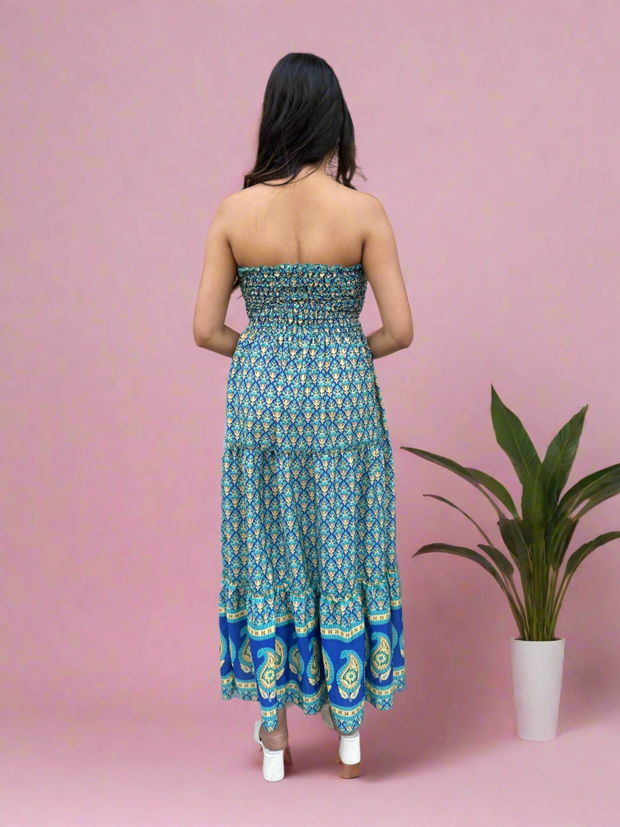 Blue Shoulder Less Boho Maxi Dress