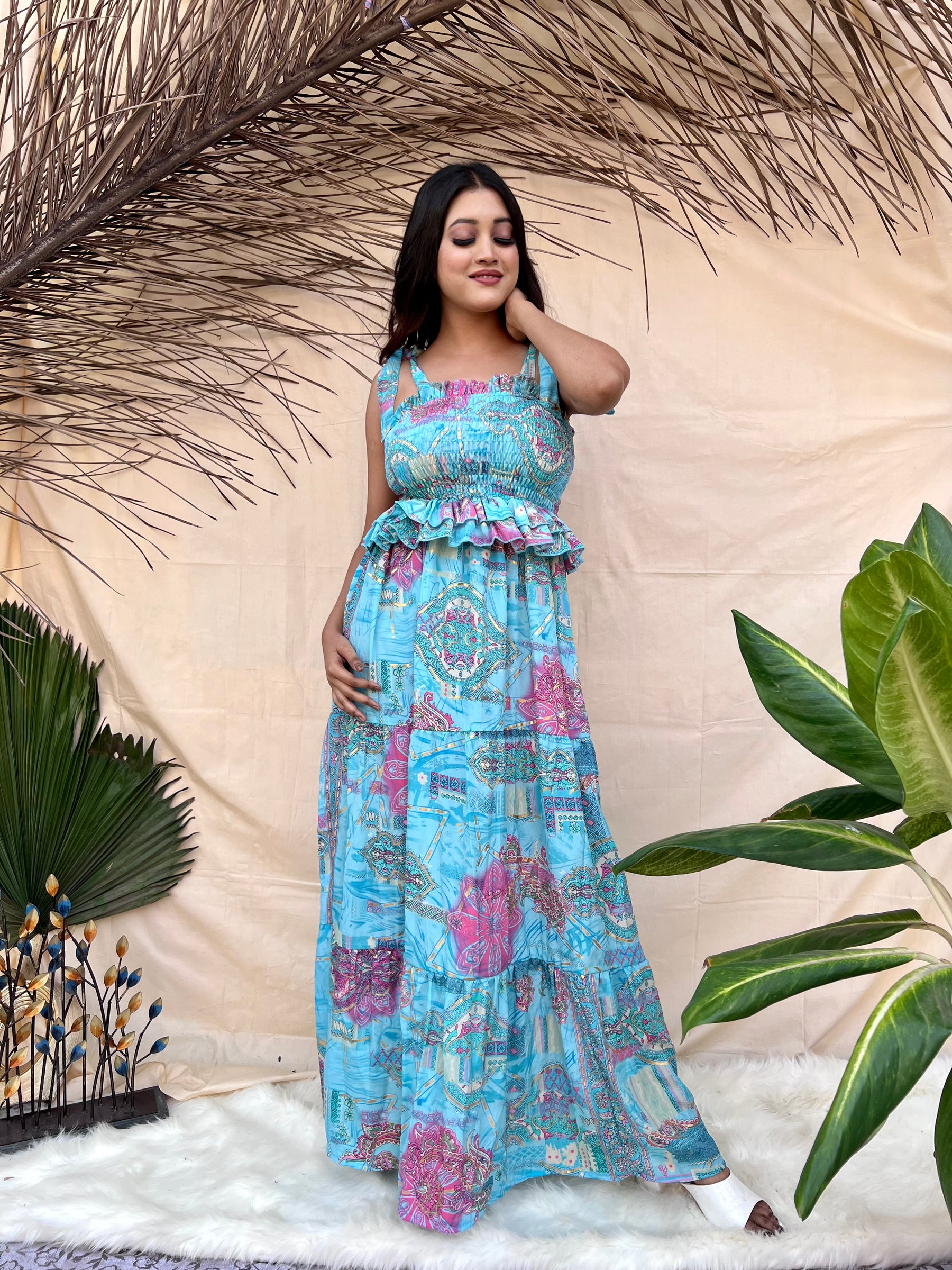 Blue Tie-Strap Boho Maxi Dress