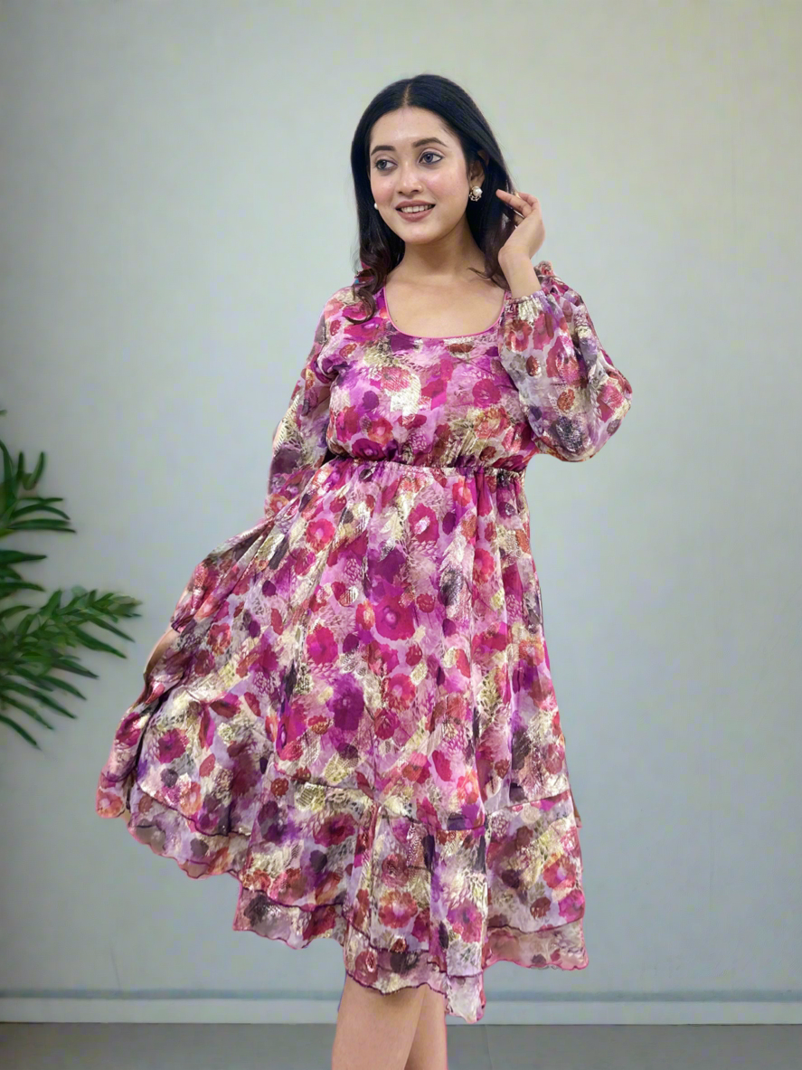 Pink Floral Printed Backless Short Dress Xxl