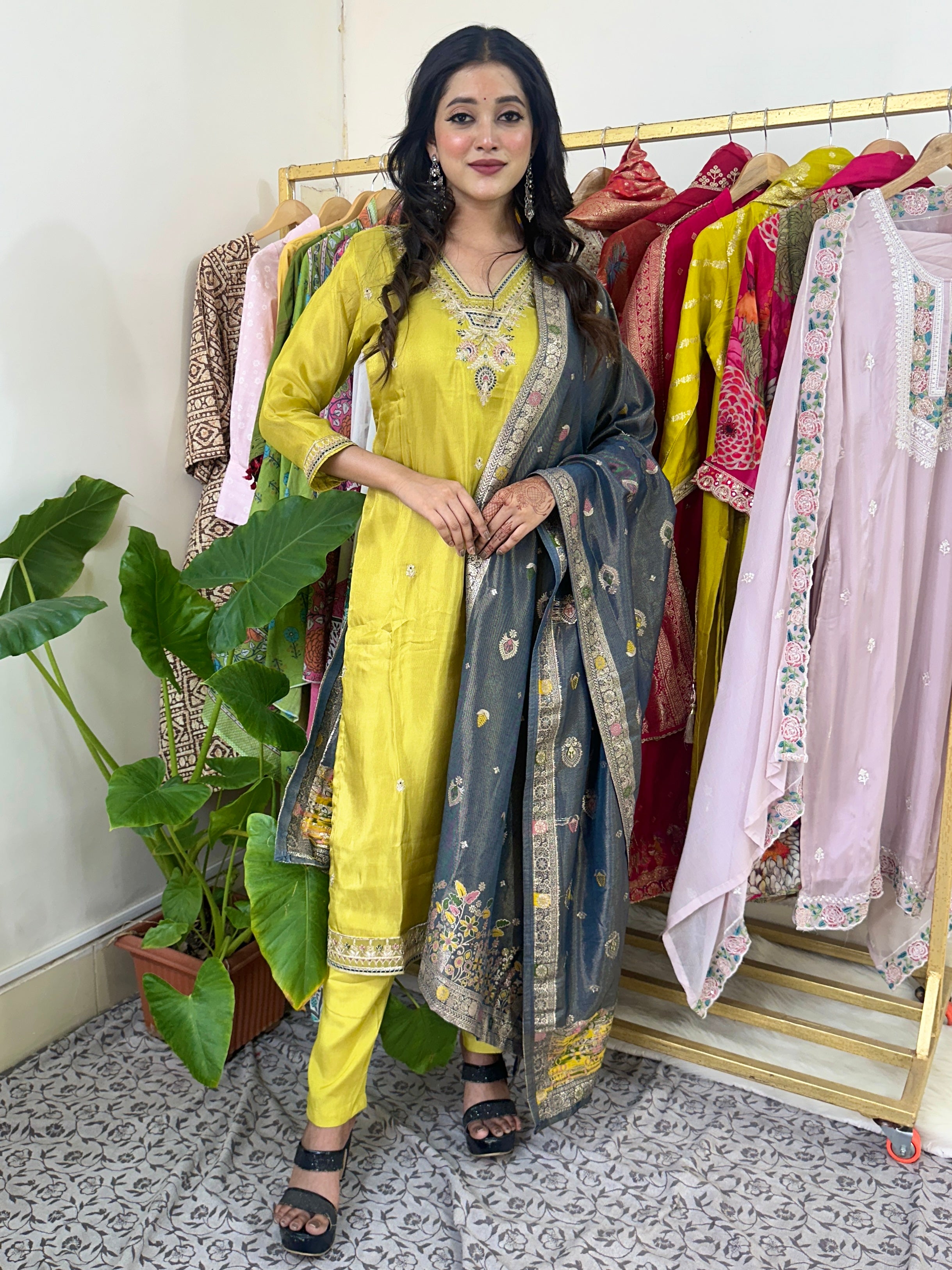 Yellow Lawn Embroidered Kurta Set With Dupatta main image 1