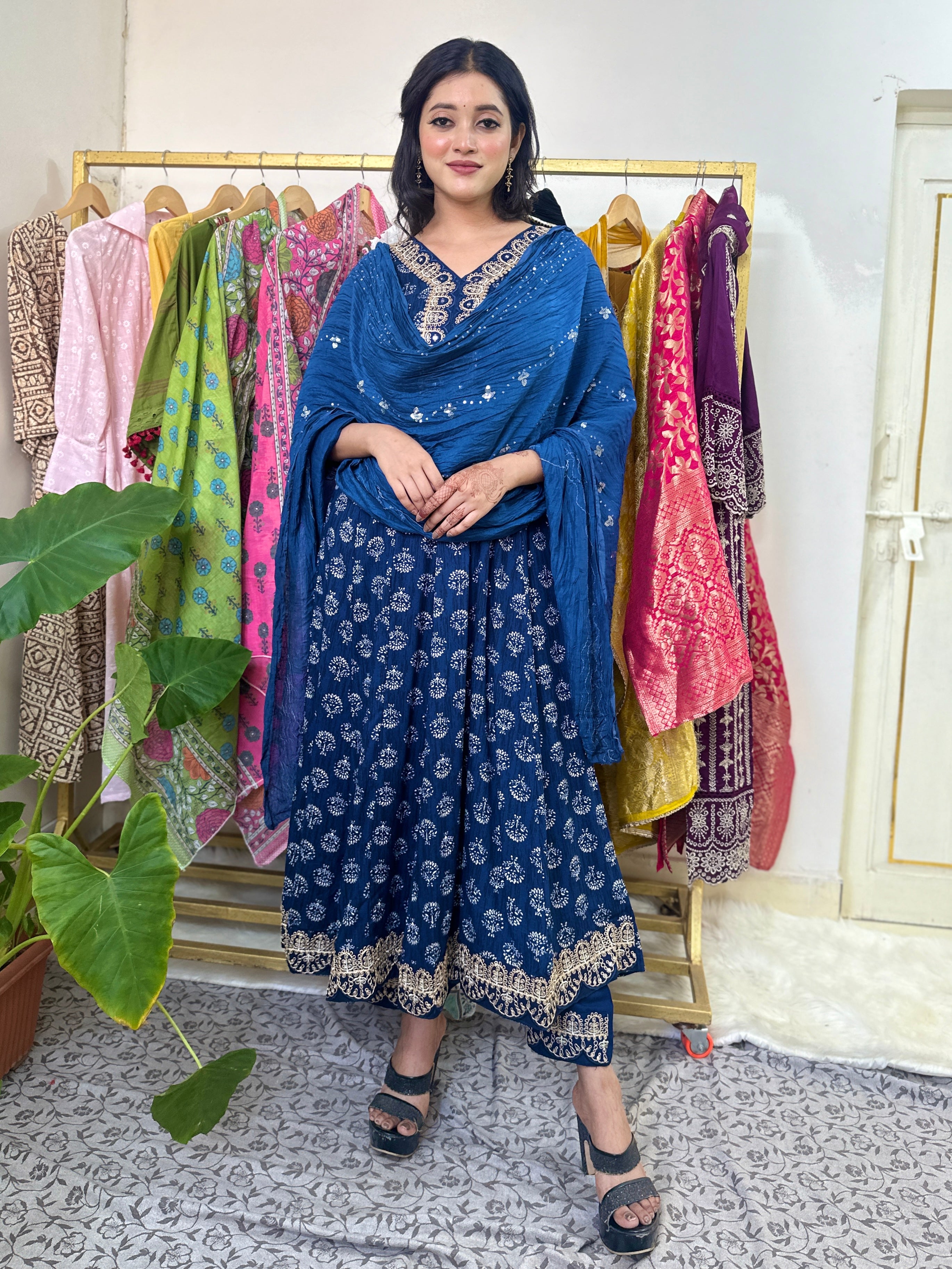 Women Aqua-Blue Cotton Ethnic Motifs Printed Anarkali Kurta with Pant & Dupatta