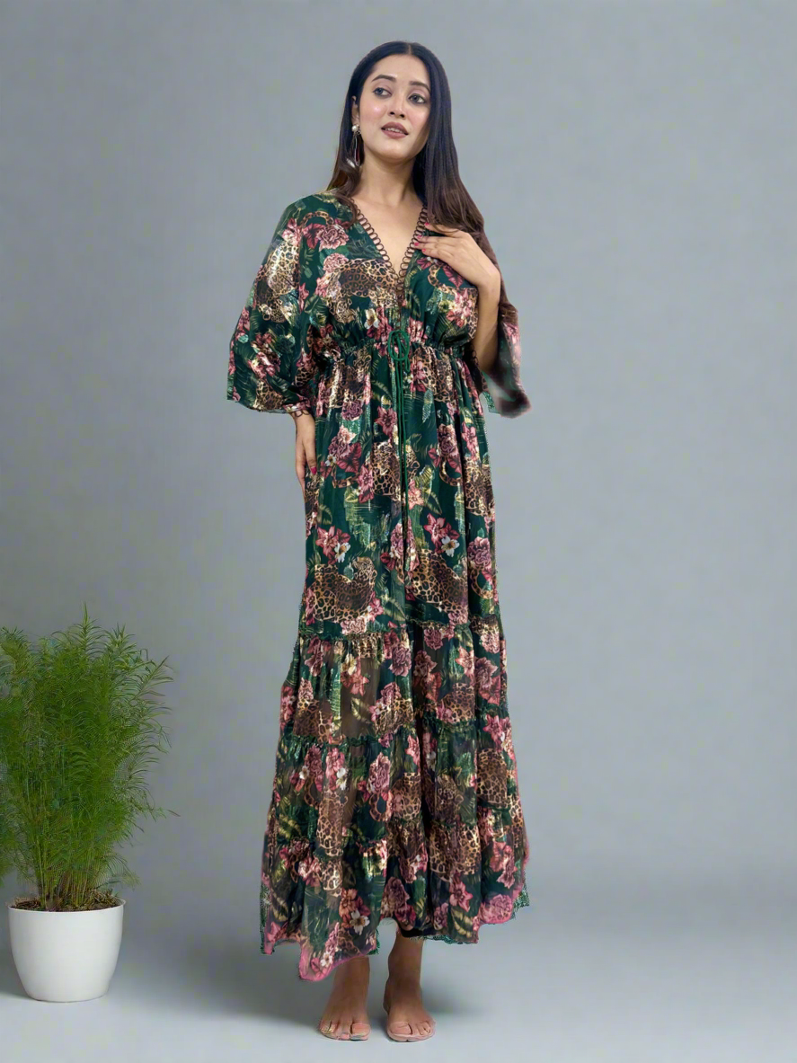 Green Tiger Printed Jacquard Fabric Maxi Dress