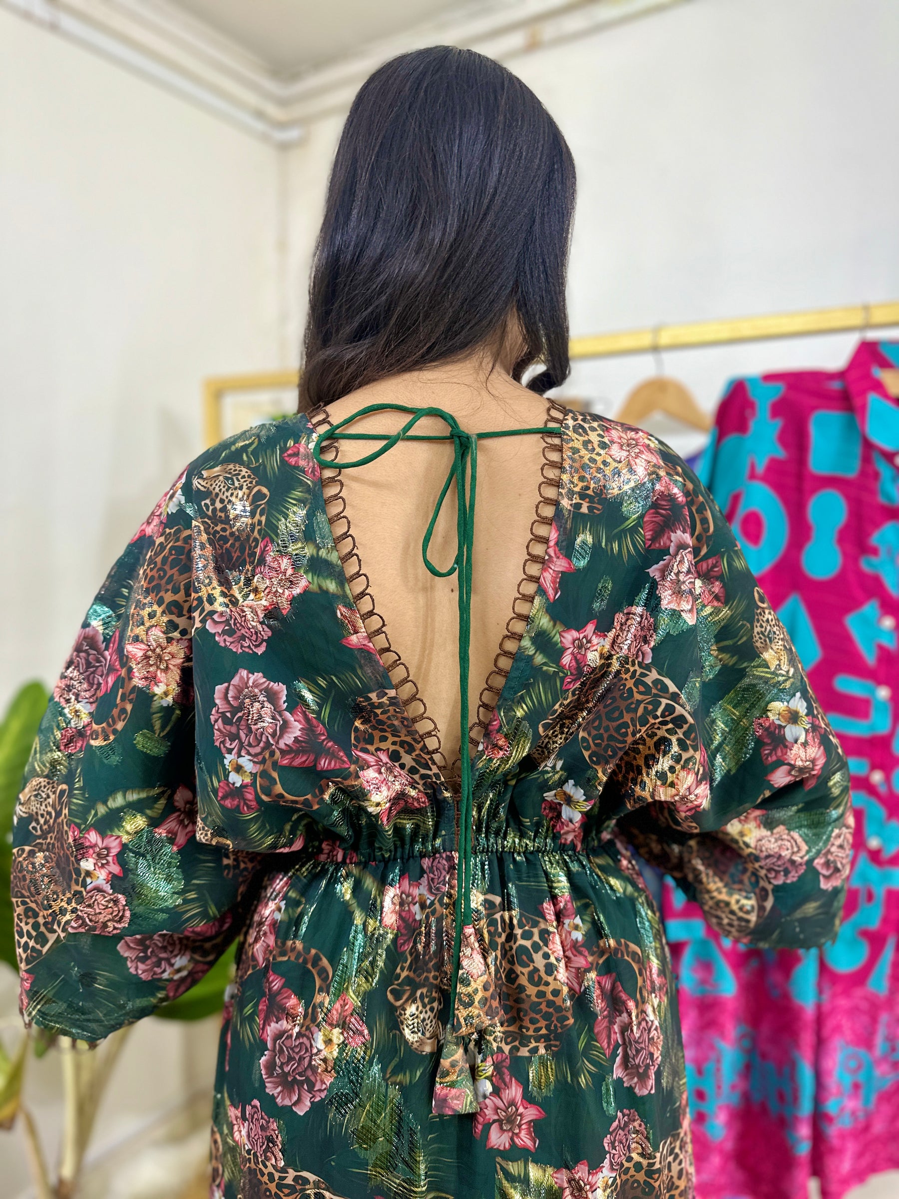Green Tiger Printed Jacquard Fabric Maxi Dress