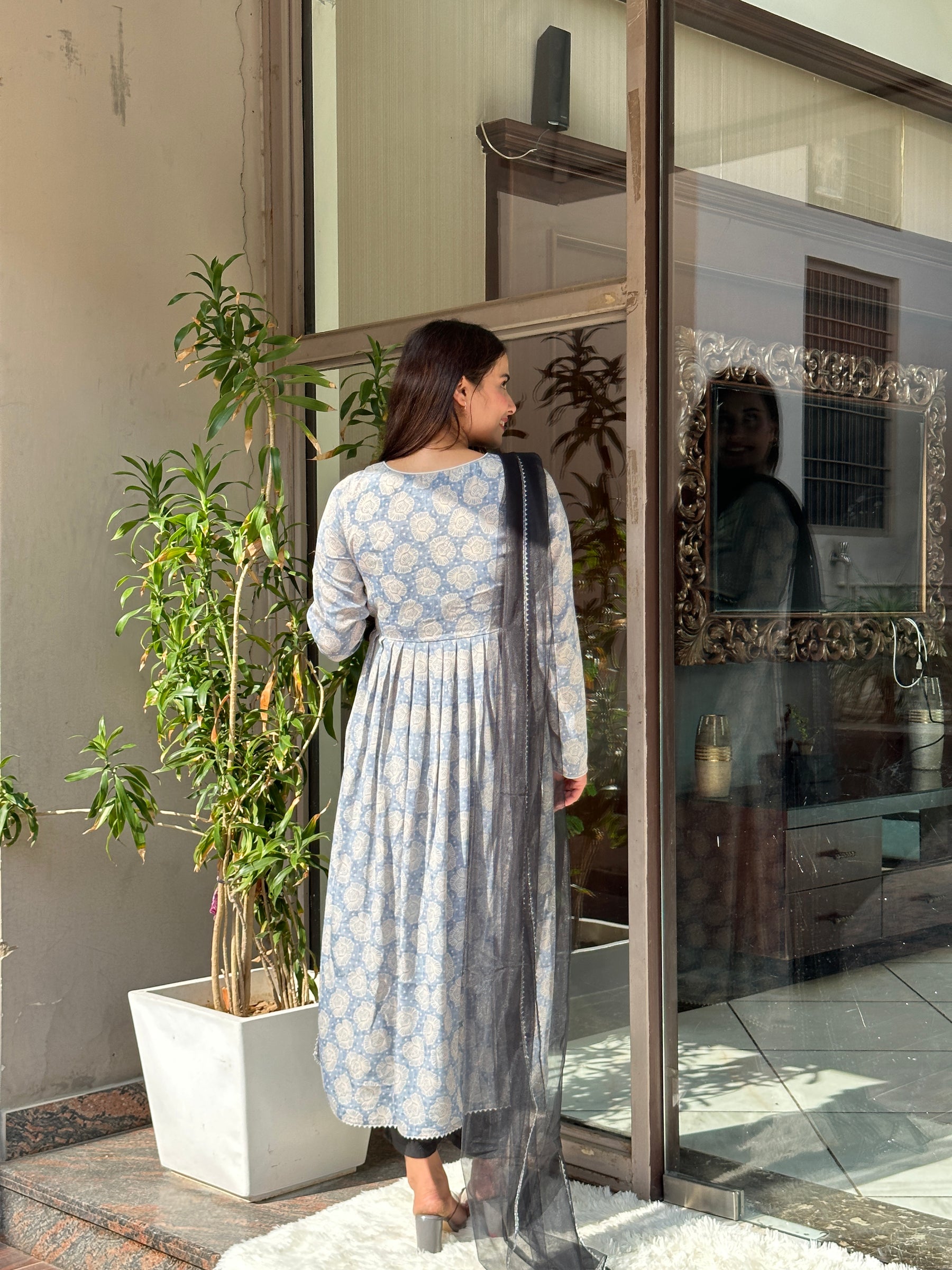 Grey Floral Printed Alia Cut Suit Set