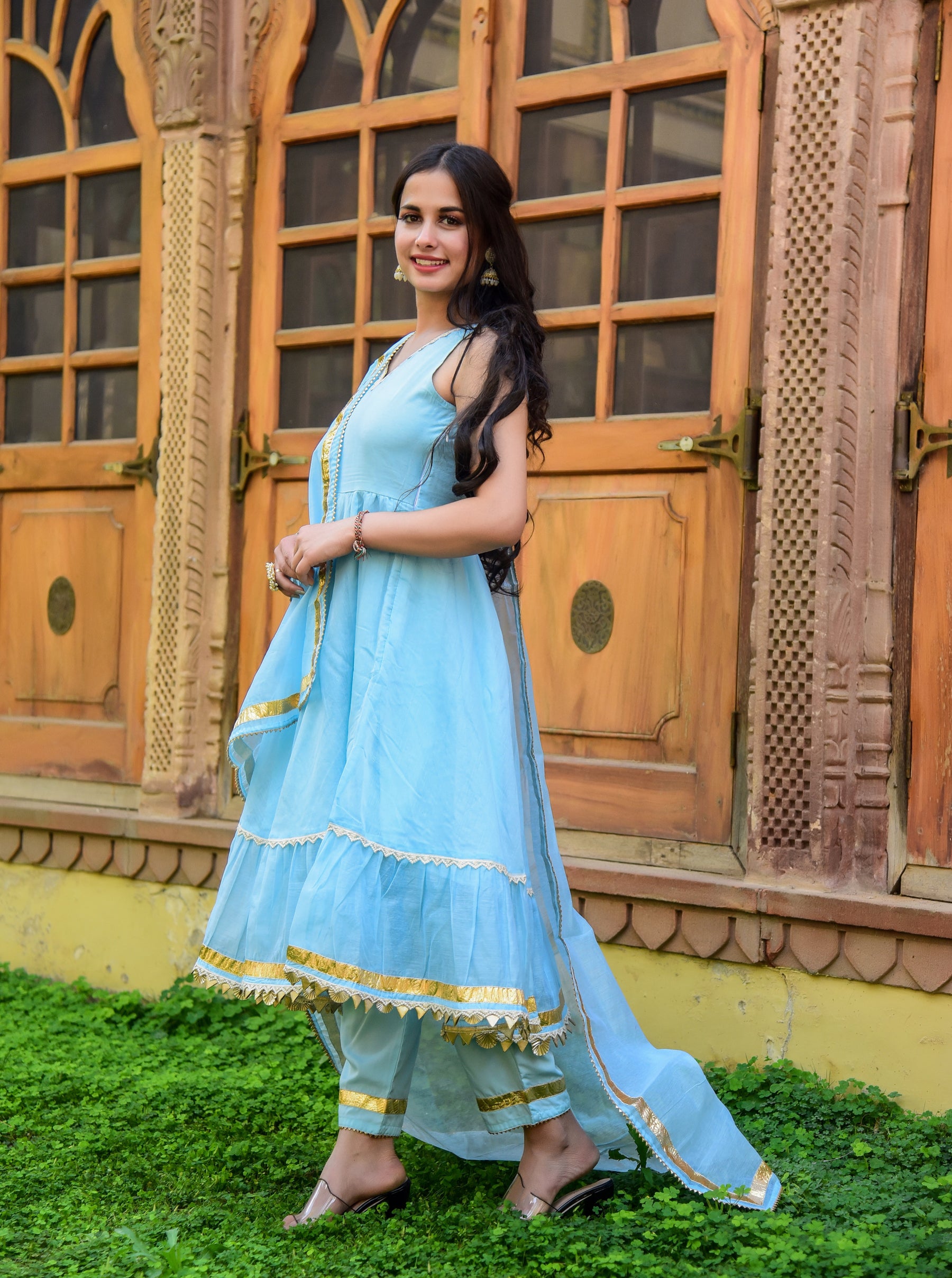 Blue Chanderi Anarkali Kurta Set