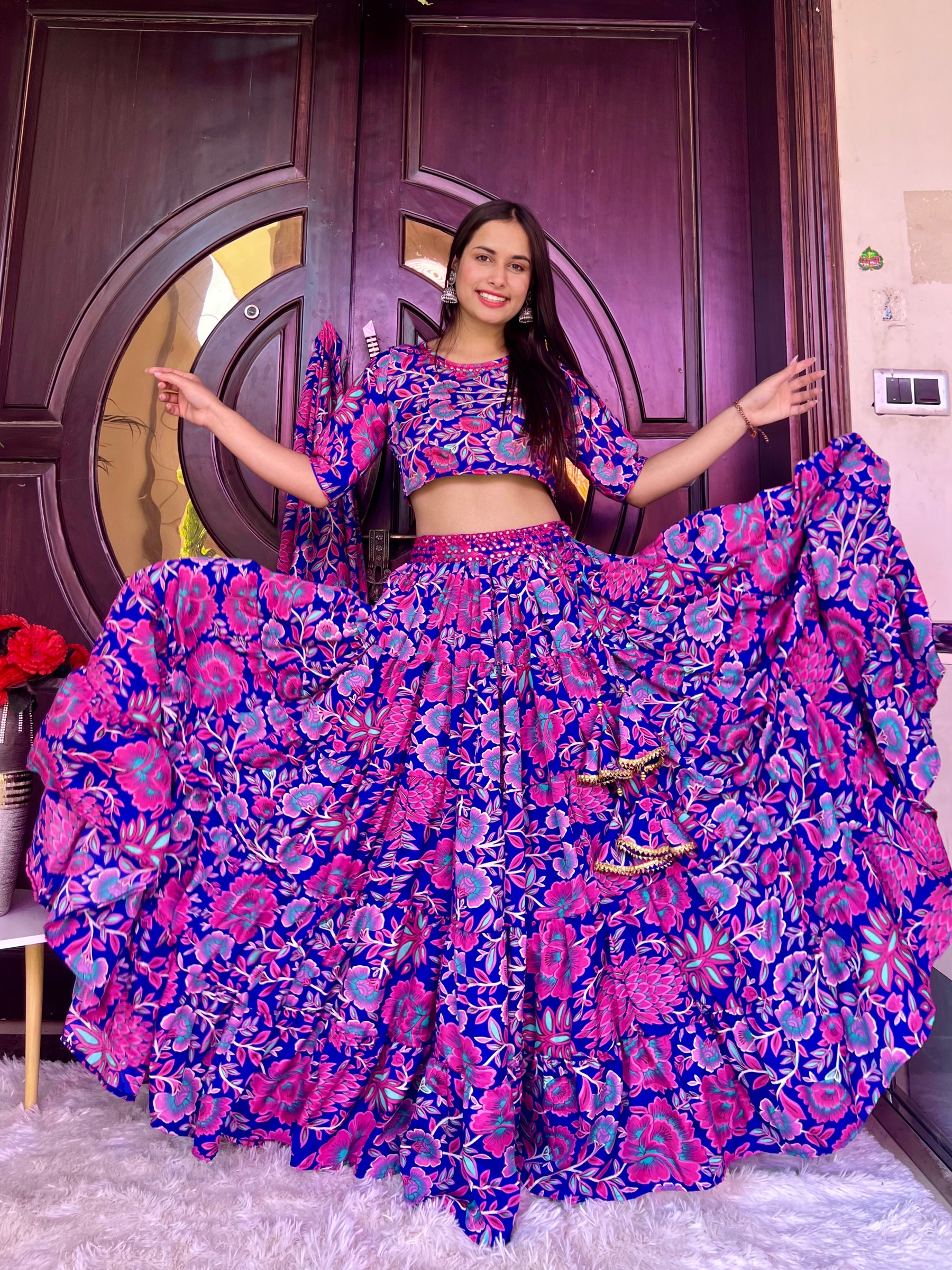 Blue Floral Printed Lehenga Set
