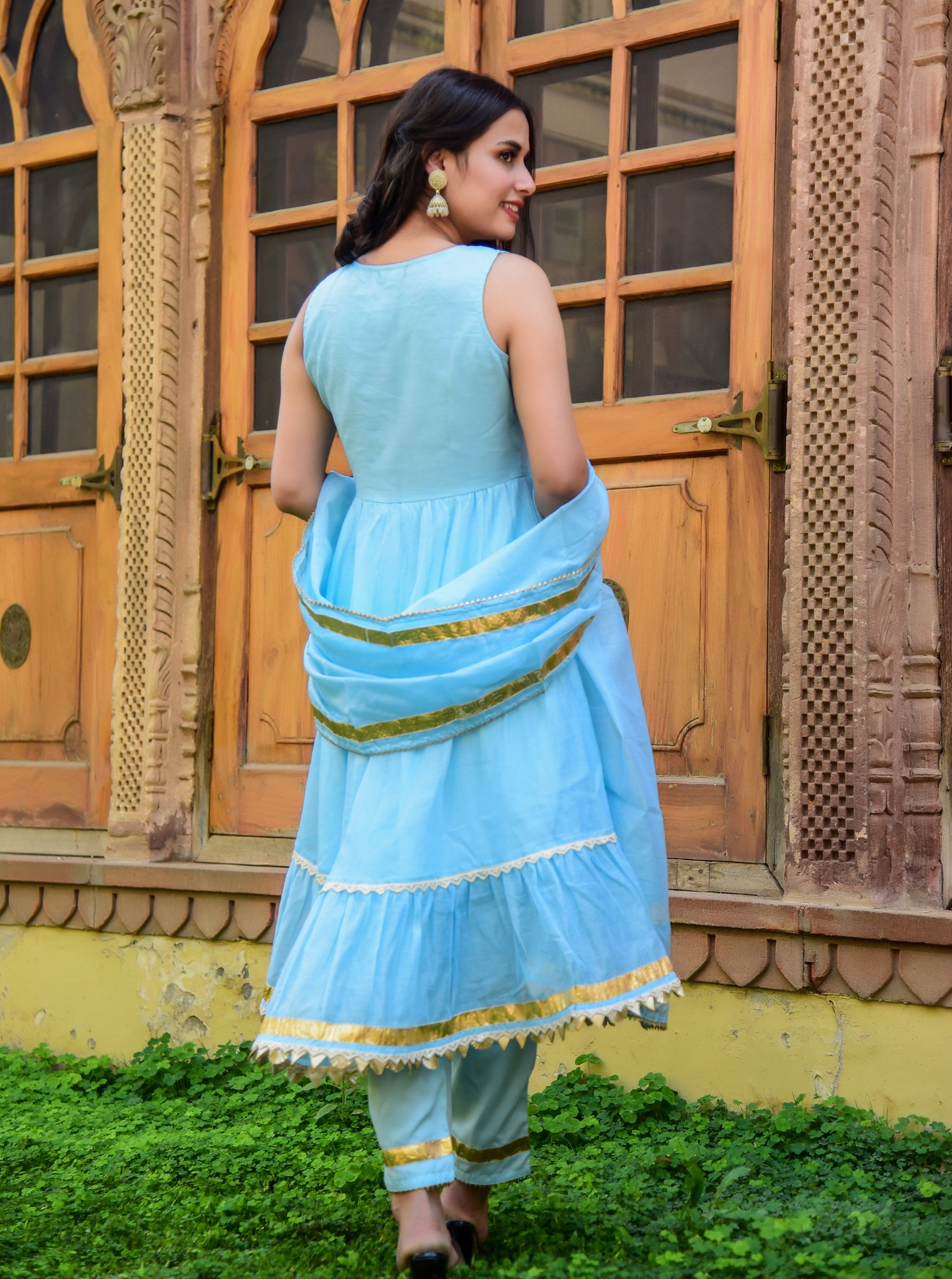 Blue Chanderi Anarkali Kurta Set