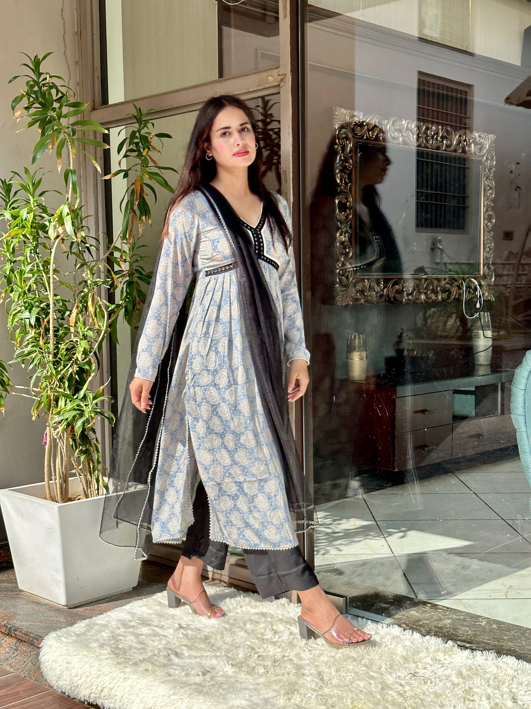 Grey Floral Printed Alia Cut Suit Set