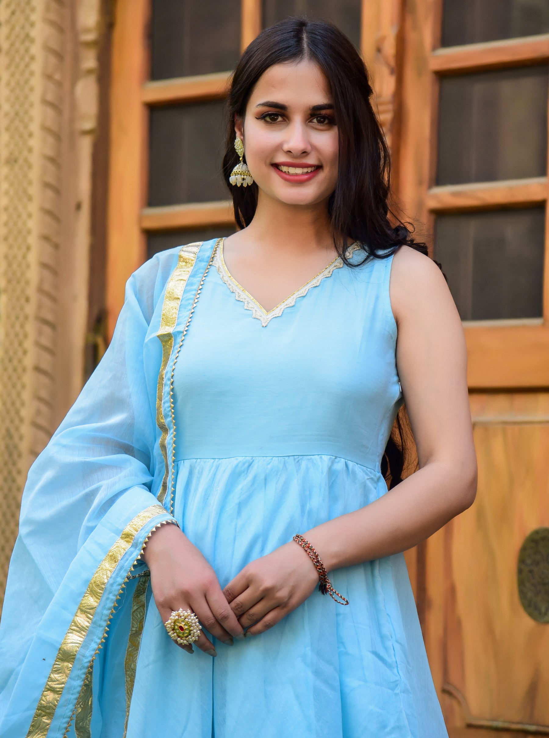 Blue Chanderi Anarkali Kurta Set