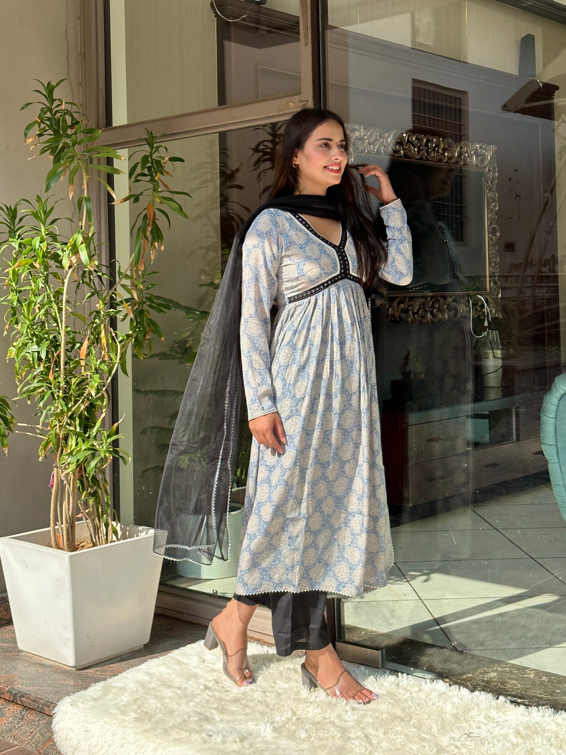 Grey Floral Printed Alia Cut Suit Set