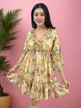 Beige Floral Printer Jacquard Fabric Short Dress