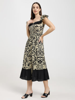 Baroque Print Midi Dress with Ruffle Sleeves & Slit