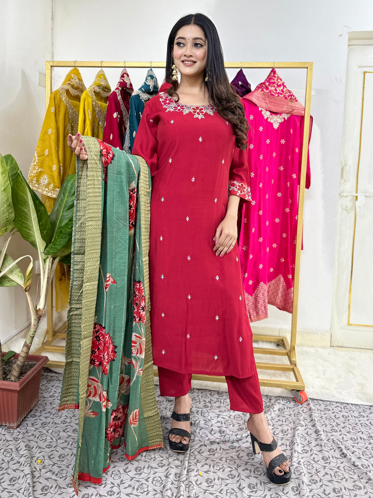 Red Floral Embroidered Kurta Set