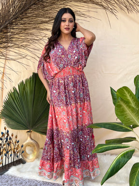 Balloon Sleeves Two Shade Boho Maxi Dress - Main Image