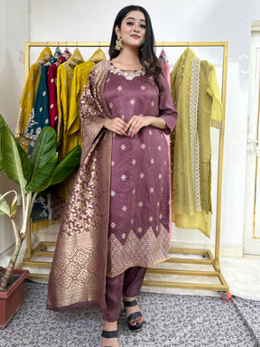 Purple Heavy work Kurta Set with Jacquard Dupatta