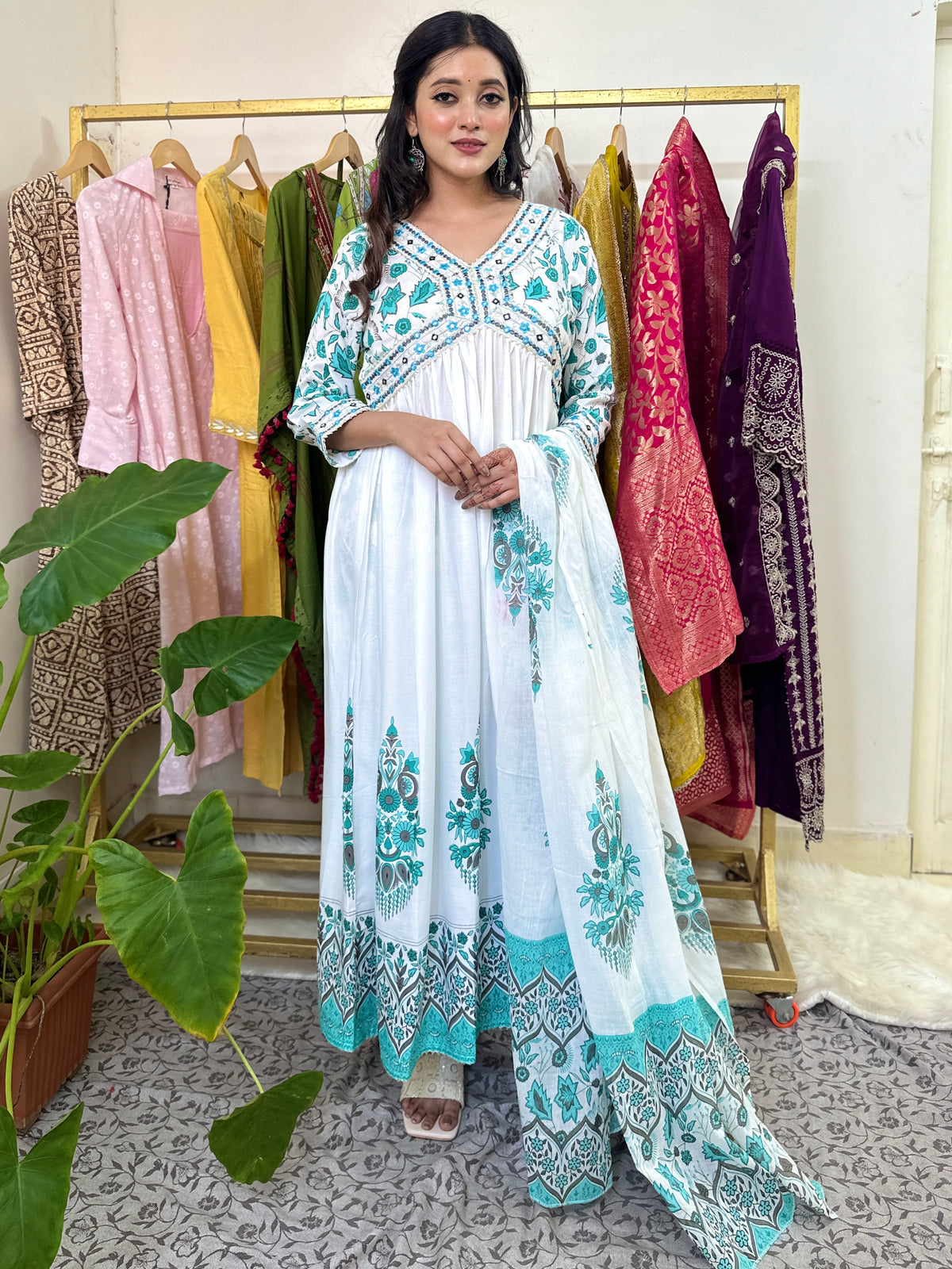 White and Blue Cotton Anarkali Kurta Set