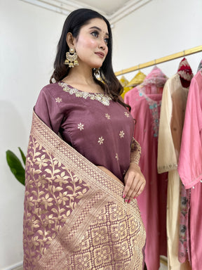 Purple Heavy work Kurta Set with Jacquard Dupatta