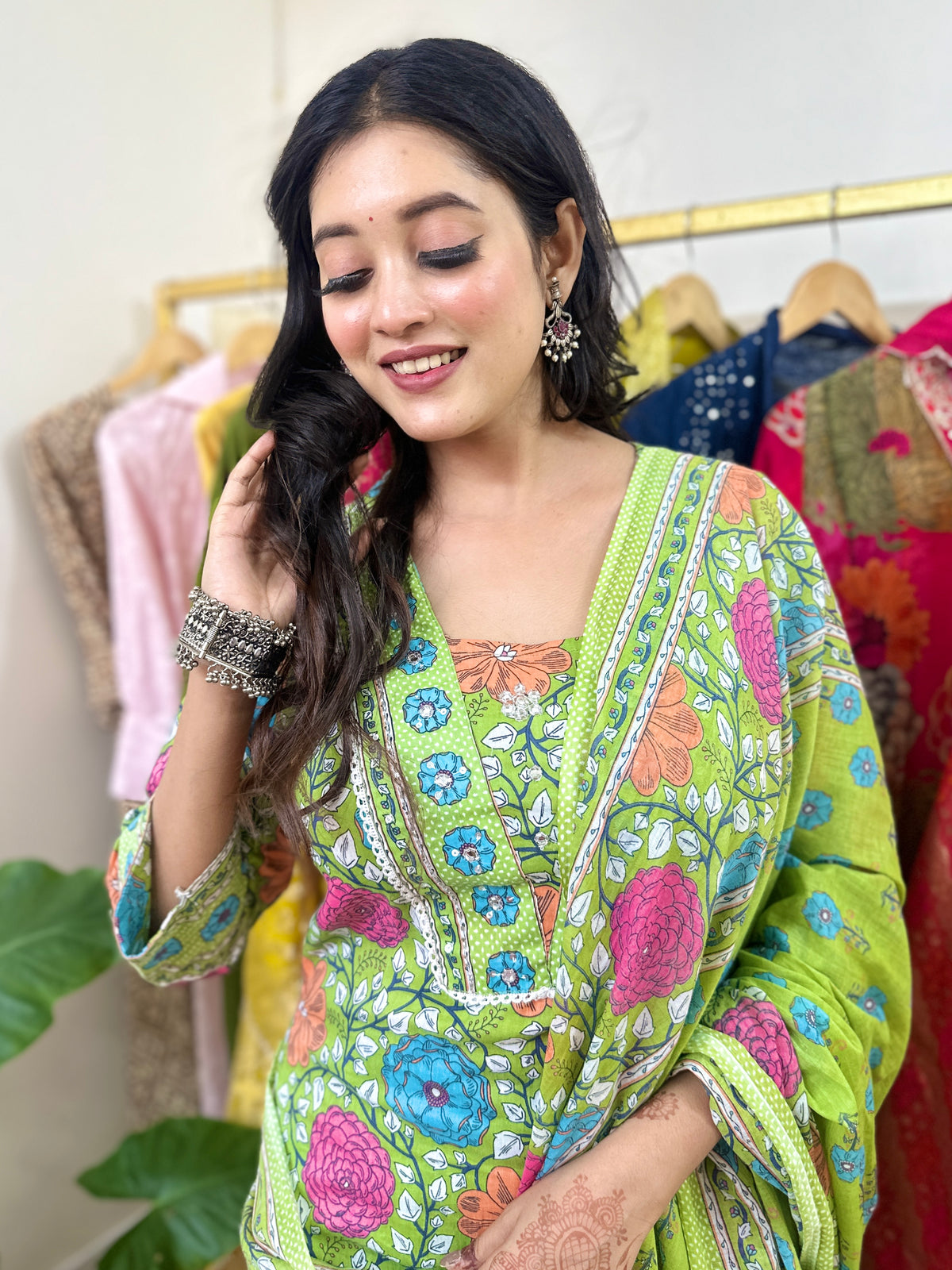 Green Floral Printed Cotton Straight Fit Kurta Set