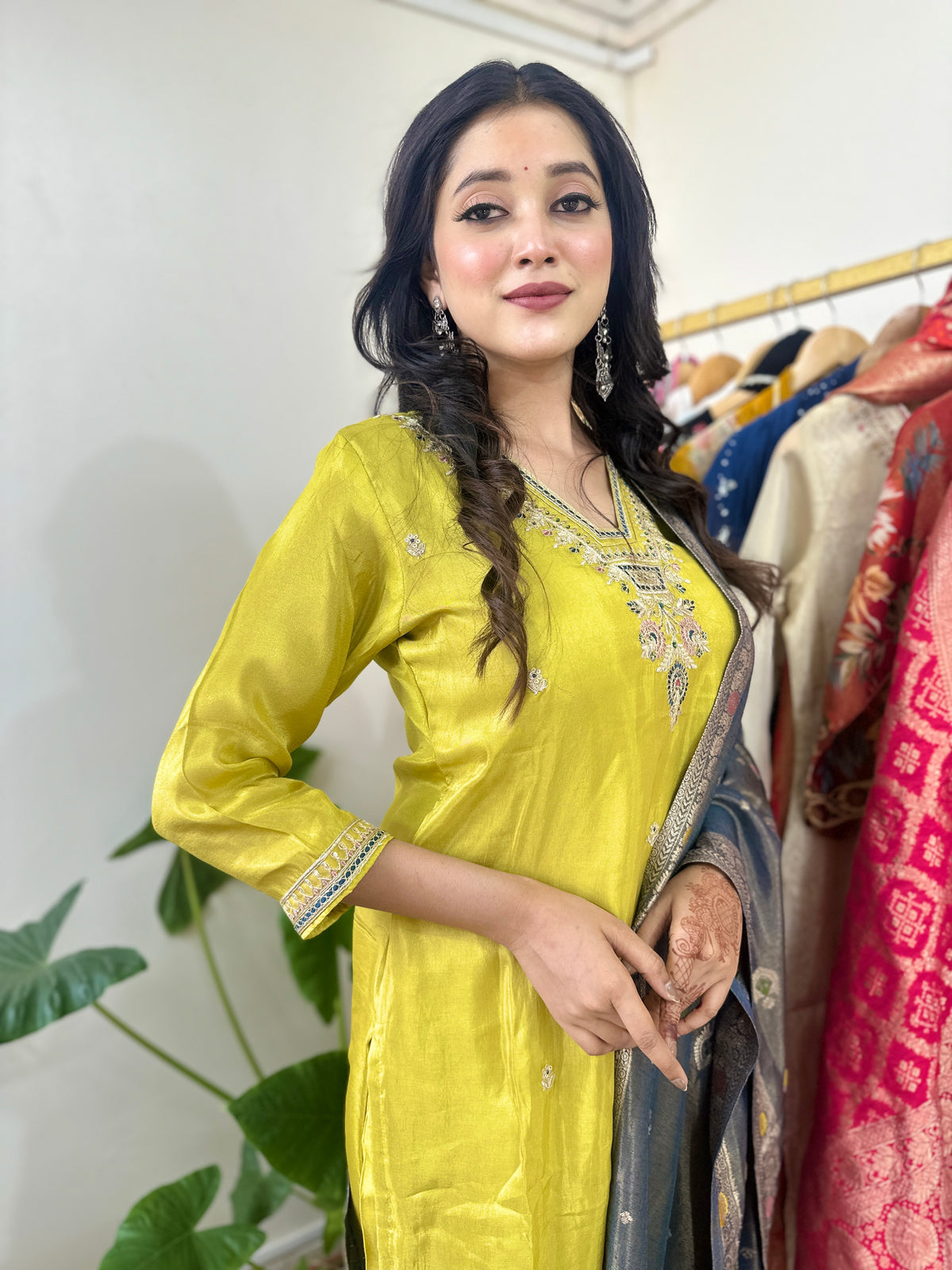 Lime Yellow Kurta Set with Grey Dupatta