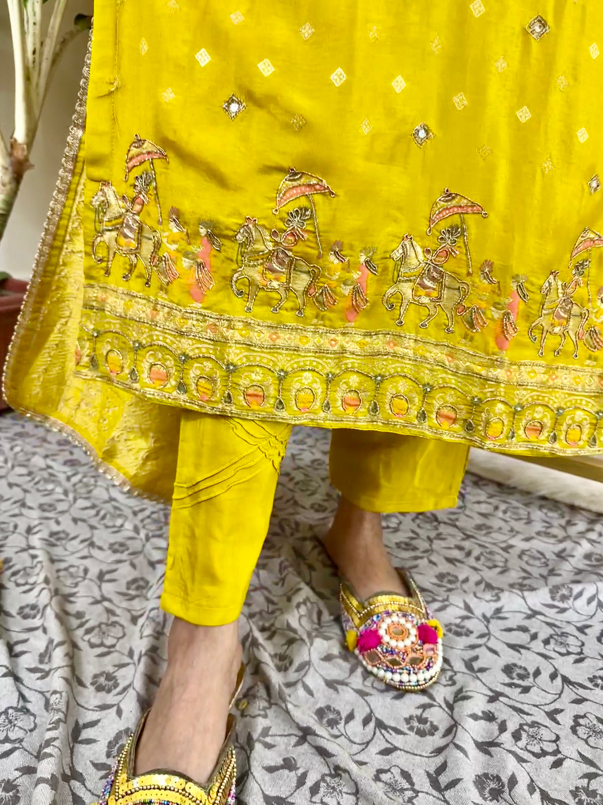Yellow Ghoda Palki Handwork Kurta Set