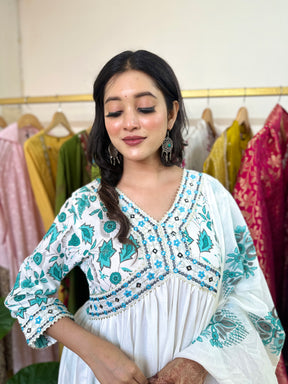 White and Blue Cotton Anarkali Kurta Set
