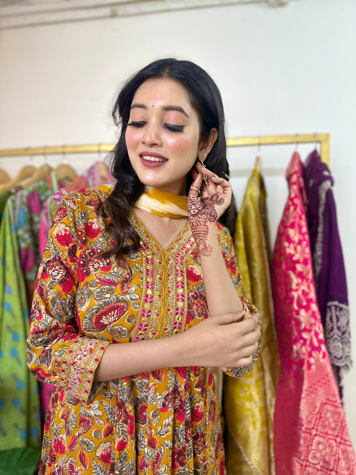 Yellow Cotton Printed Anarkali Kurta Set