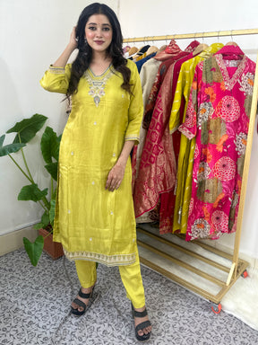 Lime Yellow Kurta Set with Grey Dupatta