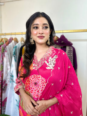 Pink Floral Muslin Kurta Set