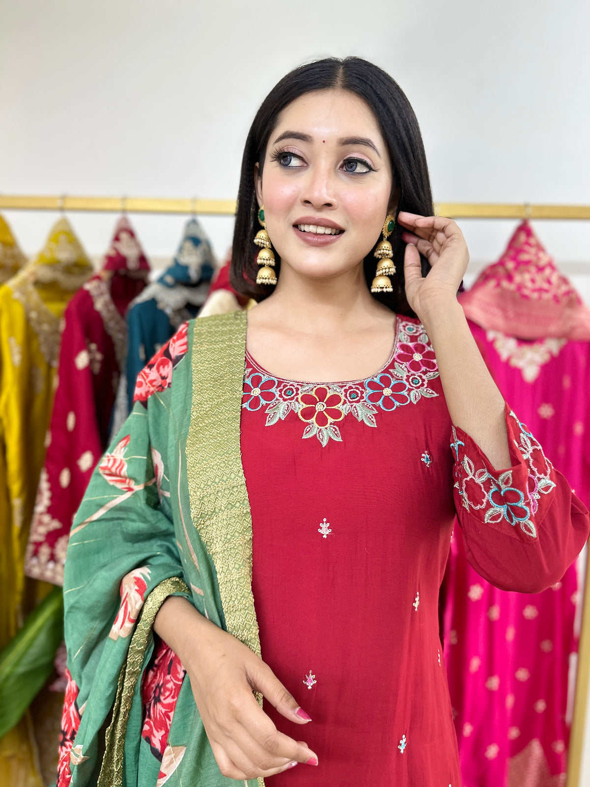 Red Floral Embroidered Kurta Set