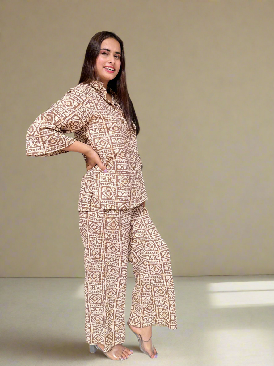 Brown Printed Cotton Coord Set