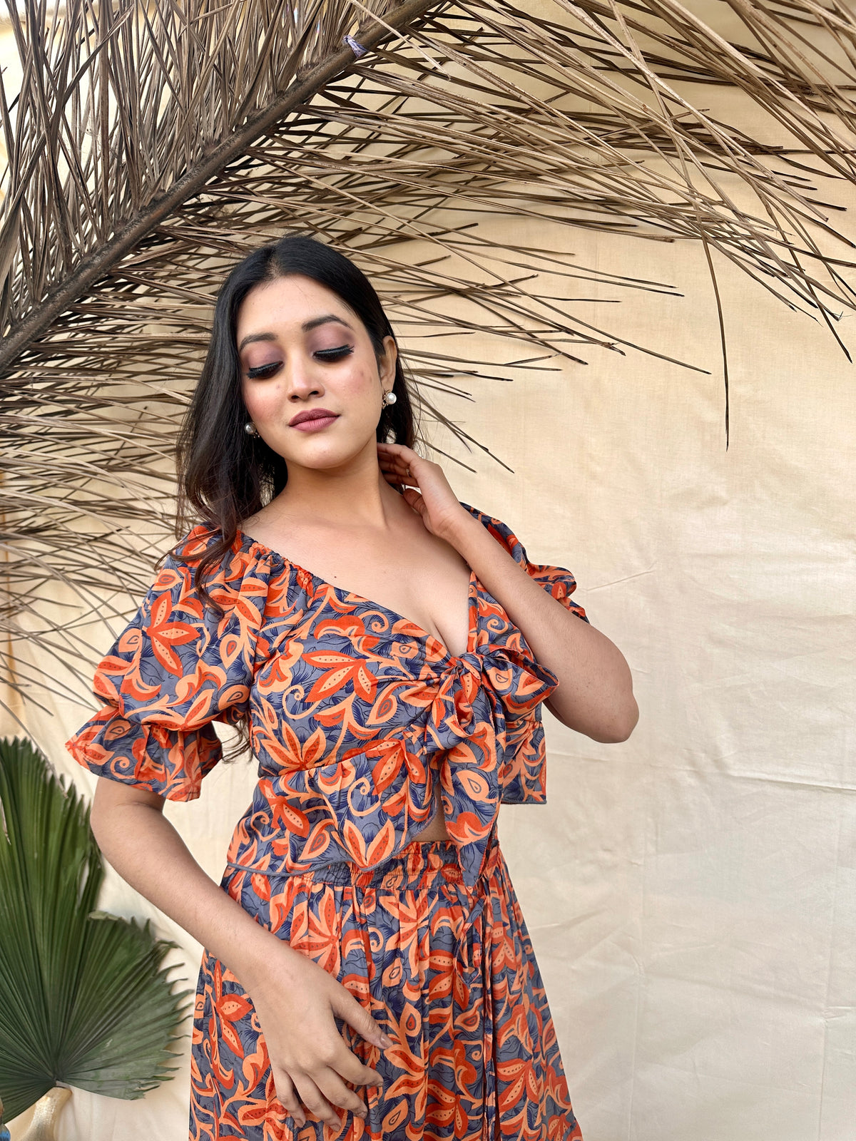 Orange Floral Printed Crop Top and Skirt Set