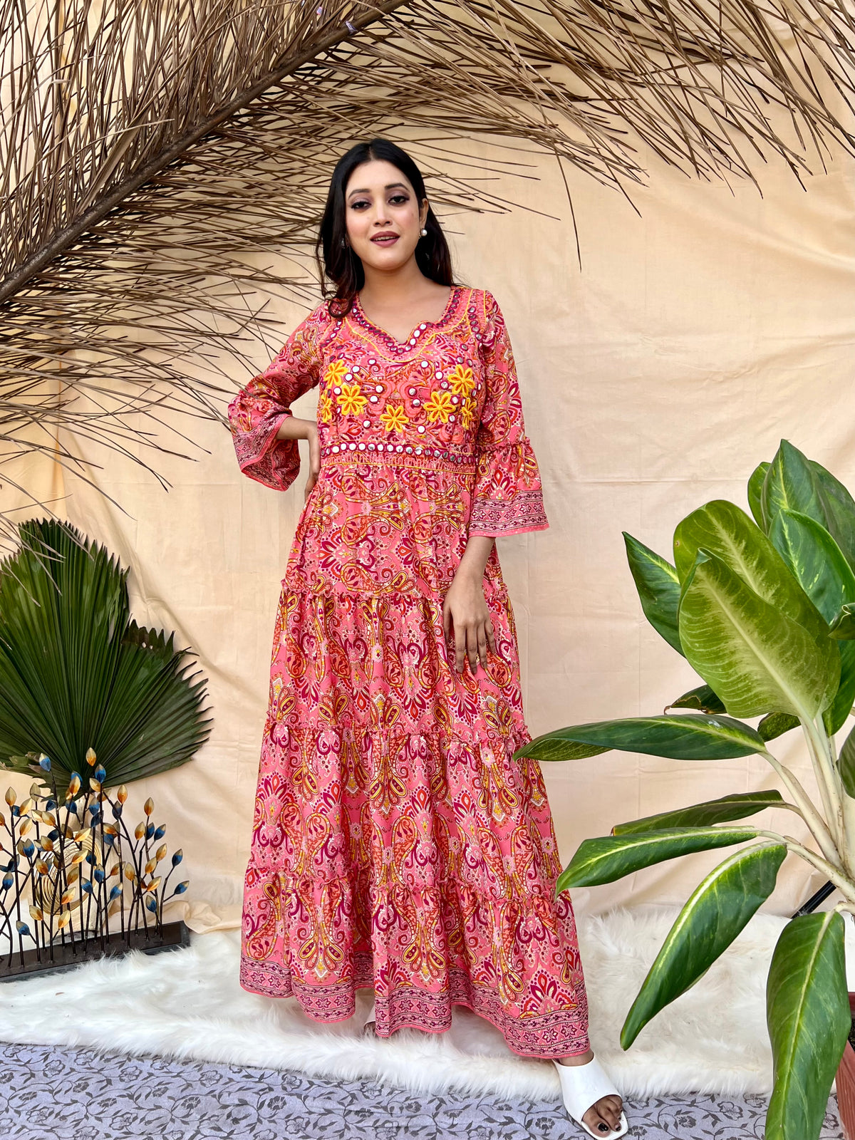 Peach Embroidered Boho Maxi Dress