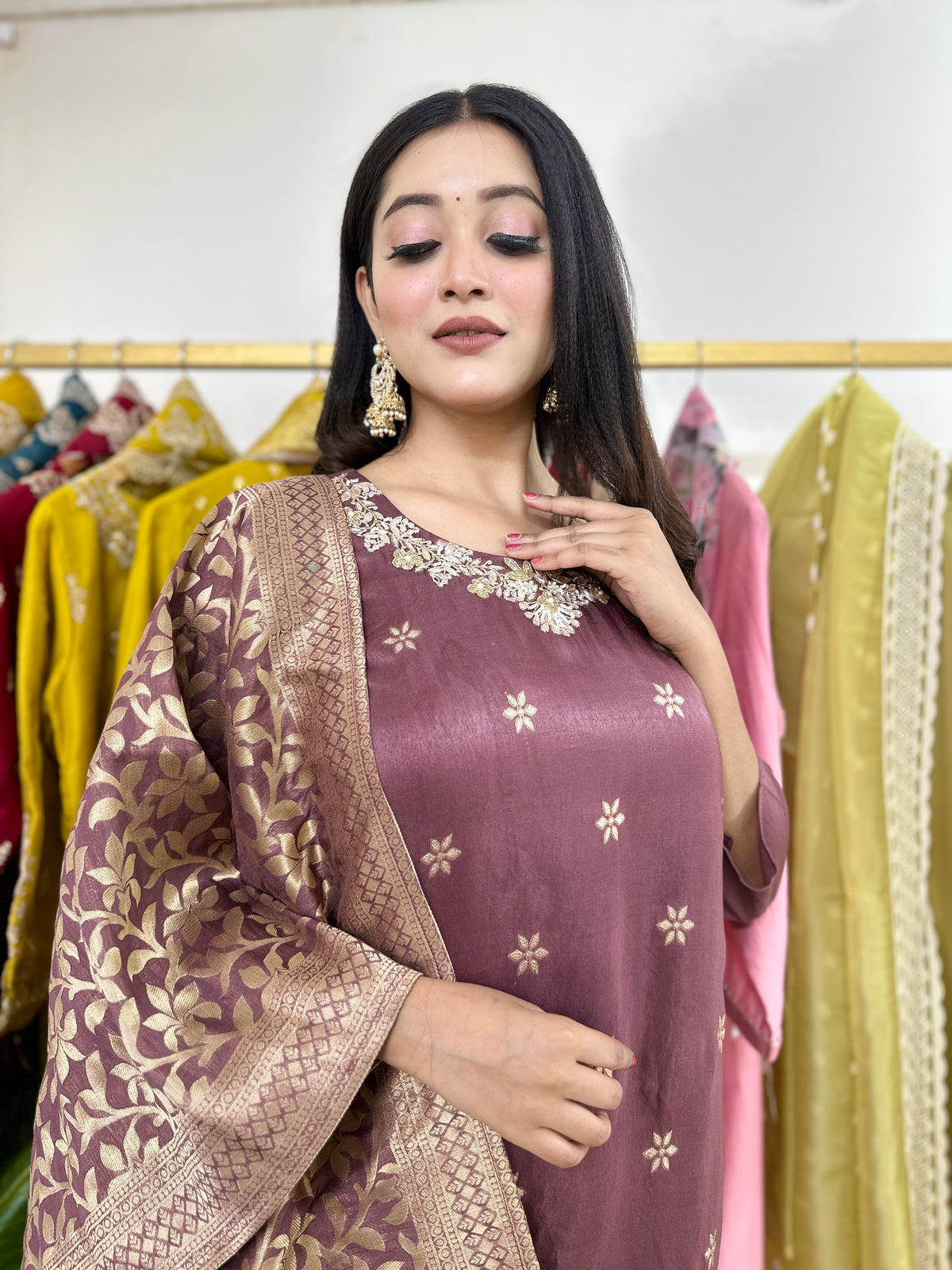 Purple Heavy work Kurta Set with Jacquard Dupatta