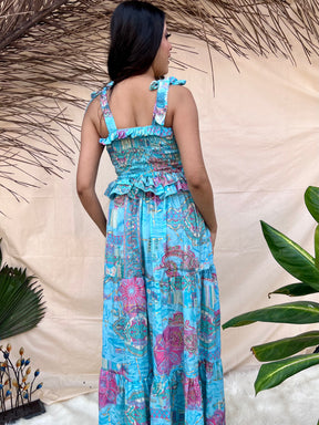 Blue Tie-Strap Boho Maxi Dress
