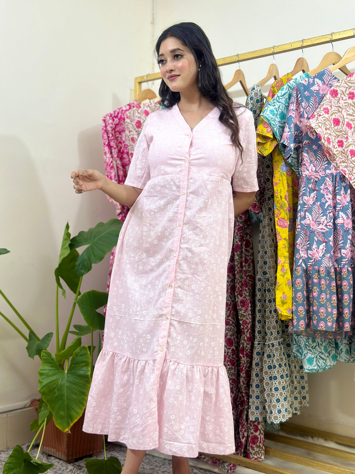 Pink Cotton Midi Dress