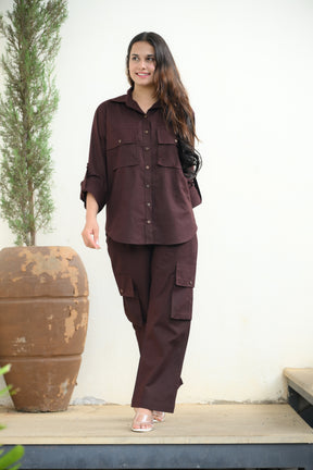 Brown Cargo Shirt and Cargo Pant Coord Set