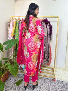 Pink Floral Muslin Kurta Set